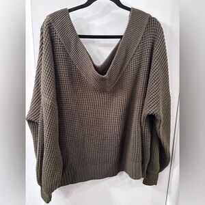 Zenana Outfitters V-Neck of the Shoulder Sweater in Olive